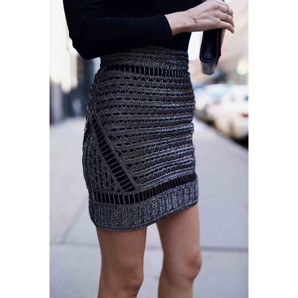 Maje Paris Skirt Metallic Knit Pull On Mini Skirt Silver Size 36